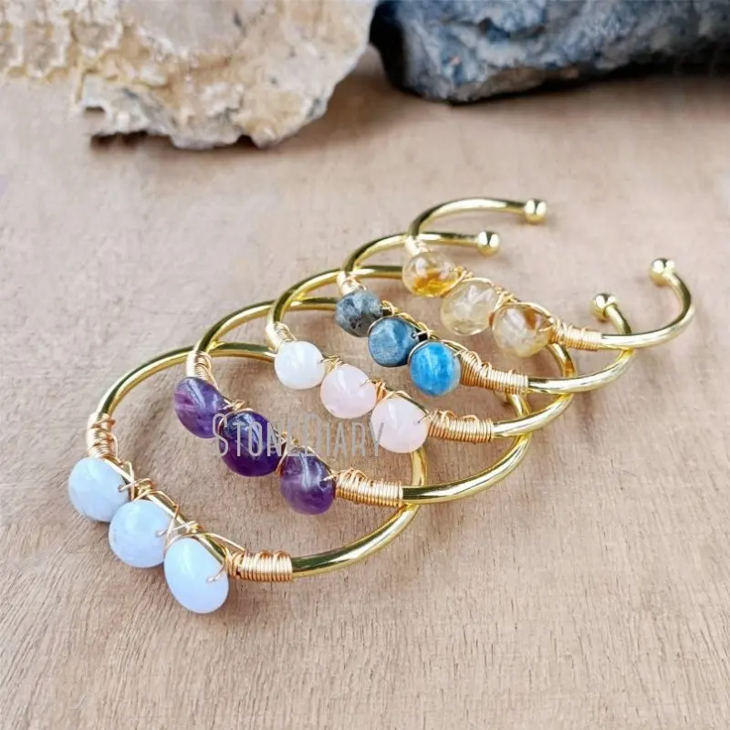 

BM42982 Amethyst Rose Quartz Citrine Healing Crystal Bracelet Raw Stone Cuff Bangle Gold Plated Wire Wrapped