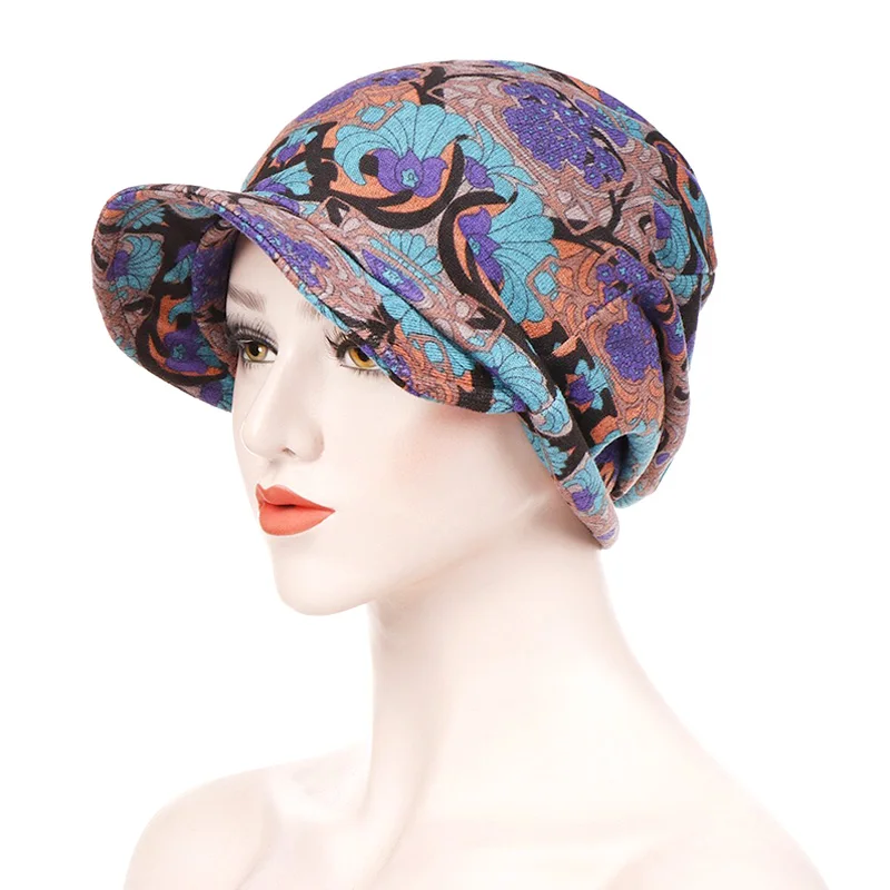 

Women Visor Beanie Cap Floral Printed Spring Autumn Warm Berets Hat Headscarf Baggy Chemo Hair Loss Turban Head Wraps Skullies