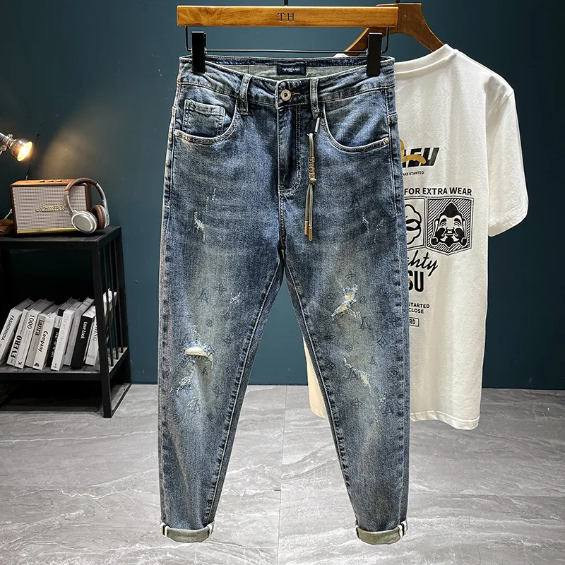 

2024new cropped jeans men's spring/summer thin fashion brand light luxury slightly loose tapered casual stretch slim fit skinny