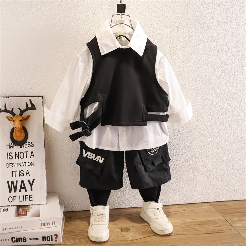 

3 шт./комплект, детский хлопковый костюм из блузки, жилета и брюк