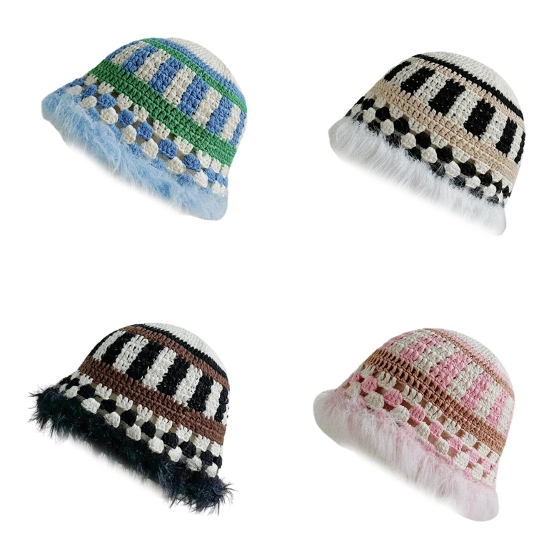 

Soft Knitting Bucket Hat for Women Contrast Color Fisherman Hat Furry Brim Fashion Female Hat Winter Warm Headwear