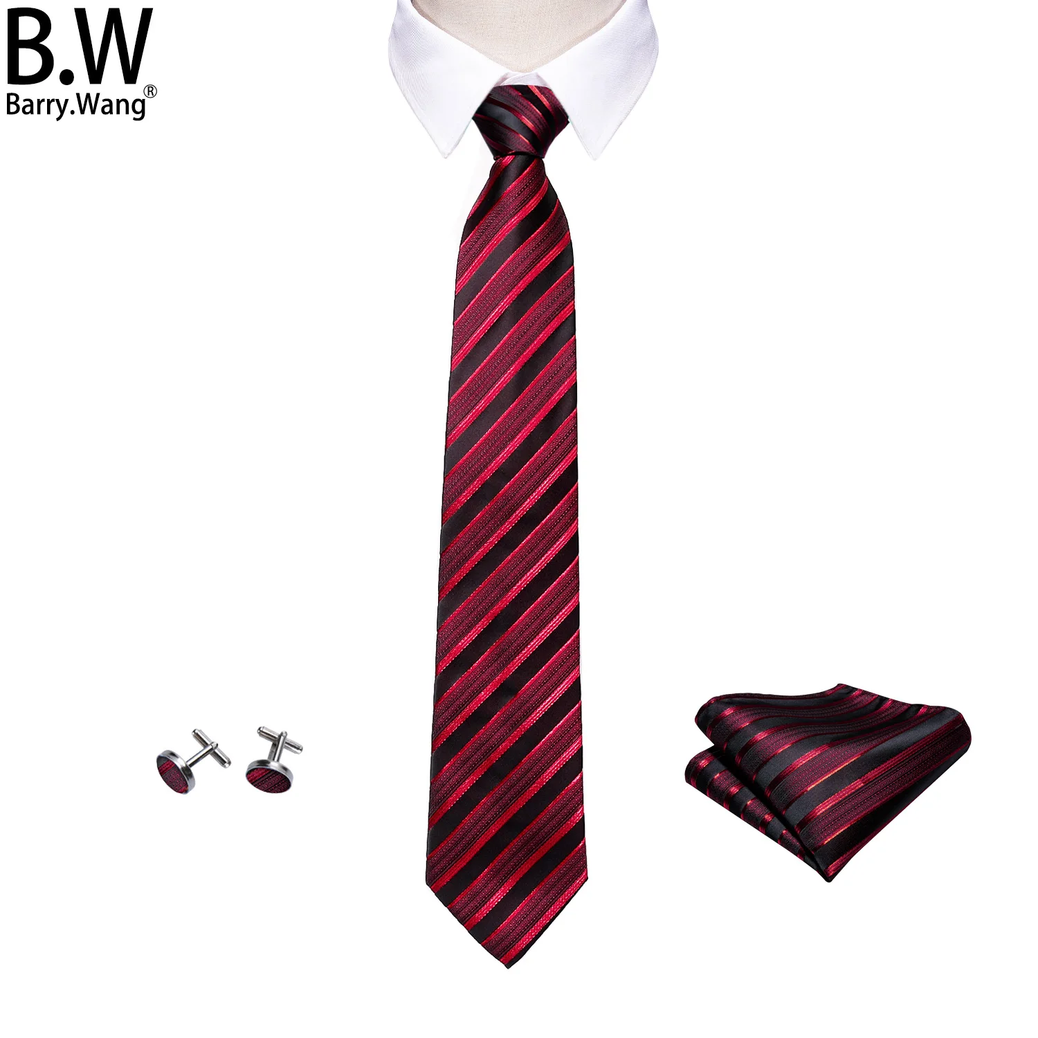 

Barry.Wang Striped Silk Mens Tie Hanky Cufflinks Set Jacquard Gold Red Green Blue Purple Necktie for Male Wedding Business Party