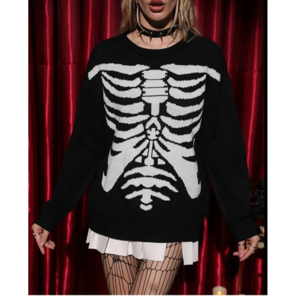 

Black Gothic Sweater Grunge Punk Pullover Y2K Long Sleeve Top Loose Jacquard Knitted Jerseys Women Trend Design Jumper Outerwear