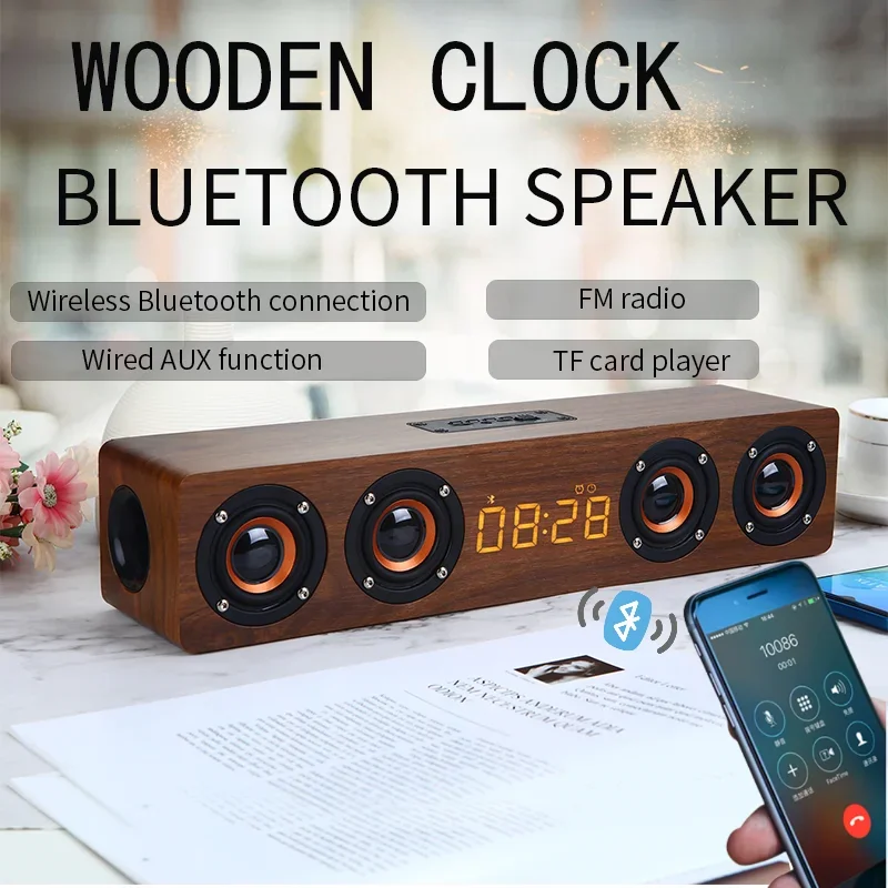 

Wireless Bluetooth Speakers Wooden Digital Clock TV BT Sound Box Heavy Bass FM Radio 3D Stereo Surround Sound Bar Caixa De Som