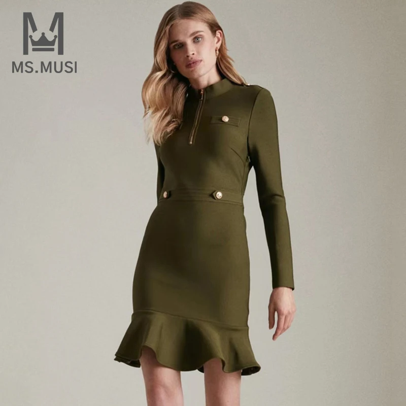 MSMUSI 2023 New Fashion Women Sexy O Neck Zipper Button Long Sleeve Falbala Ruffles Bandage Party Club Bodycon Event Midi Dress 
MSMUSI 2023 New Fashion Women Sexy O Neck Zipper Button Long Sleeve Falbala Ruffles Bandage Party Club Bodycon Event Midi Dress