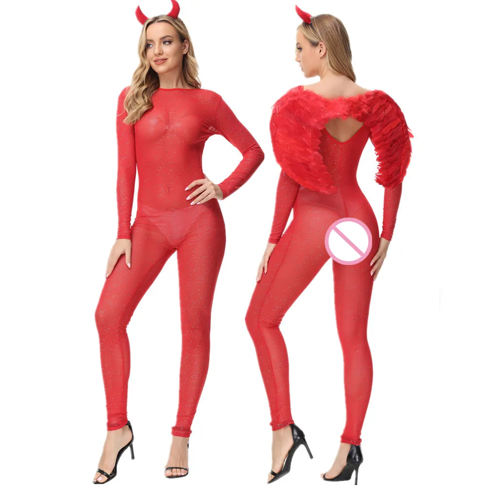 

Women Cosplay Demon Sexy Bodysuit with Wings Headwear Halloween Devil Angel Jumpsuit Romper Party Carnival Performance Costume