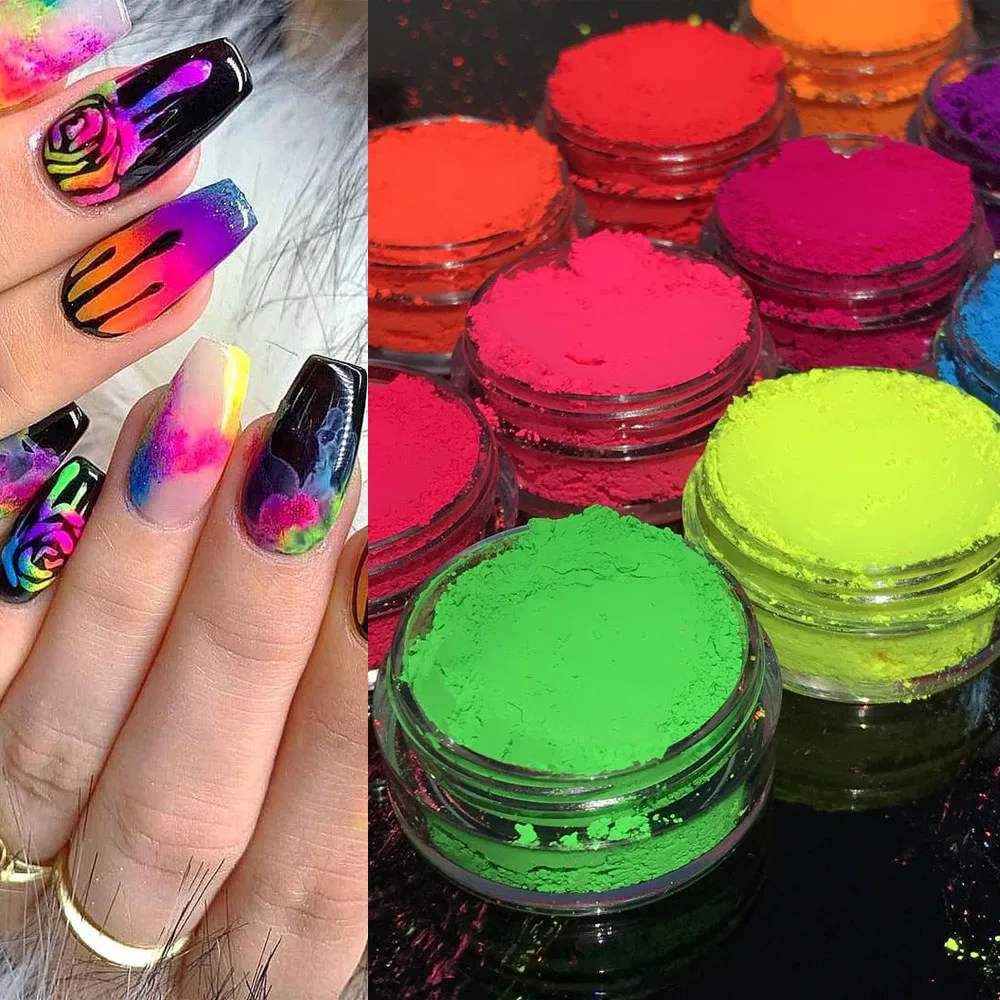 

Neon Pigment Powder For Nails Eyeshadow - 12 Colors Fluorescent Neon Rainbow Chrome Pigment Powder Rubbing On Nails Glitter Dust