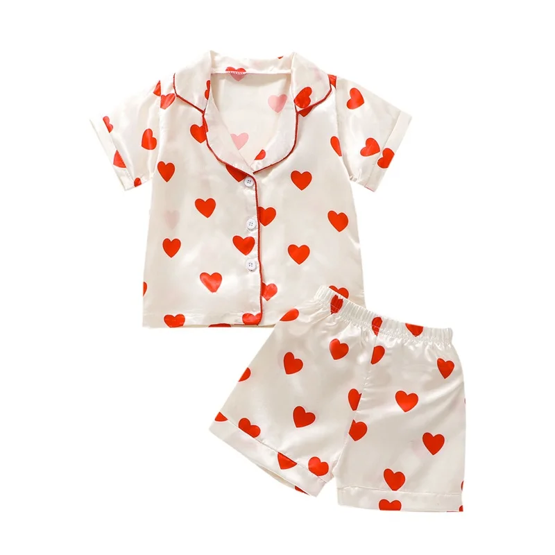 

7-9Y Toddler Girls Heart Print Pajamas Short Sleeve Button-Up Top Shorts Summer 2PC Valentine Pajamas Sets