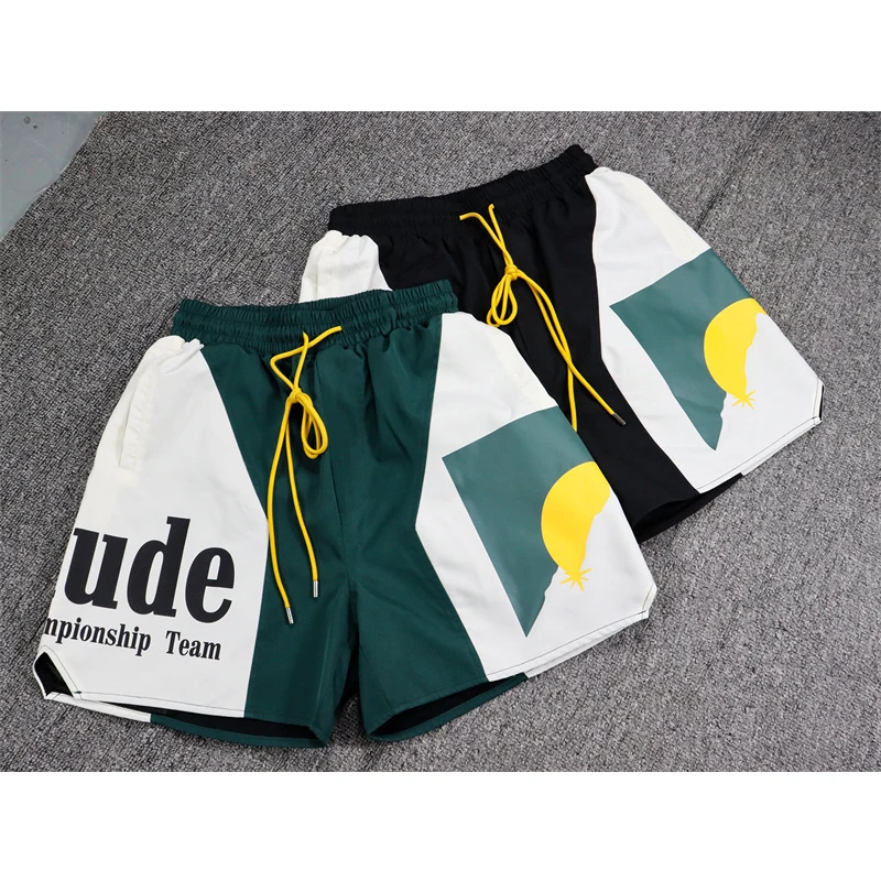 

Rhude Panel Logo Short Sunset Letter Print Color Contrast Sports Shorts Drawstring Men's And Women's Beach Shorts