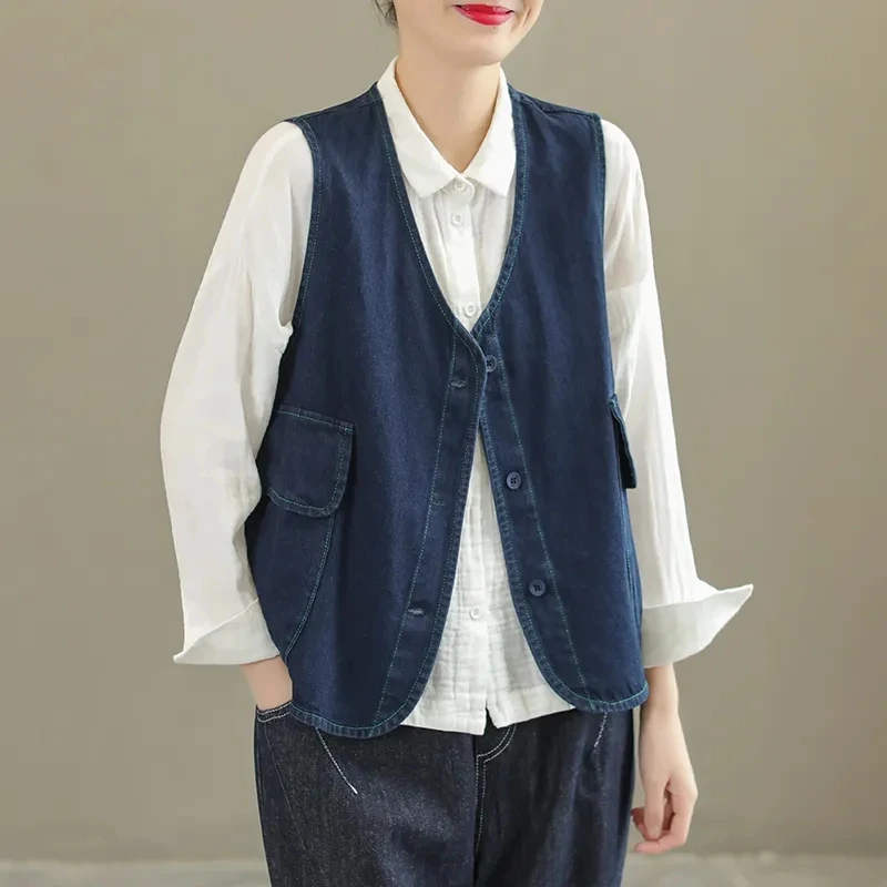 Women Clothes Loose Fit Top Stitched Blue Big Size Vest New V-collar Sleeveless Fashion Female Waistcoat Tide Spring Autumn 2024
Women Clothes Loose Fit Top Stitched Blue Big Size Vest New V-collar Sleeveless Fashion Female Waistcoat Tide Spring Autumn 2024