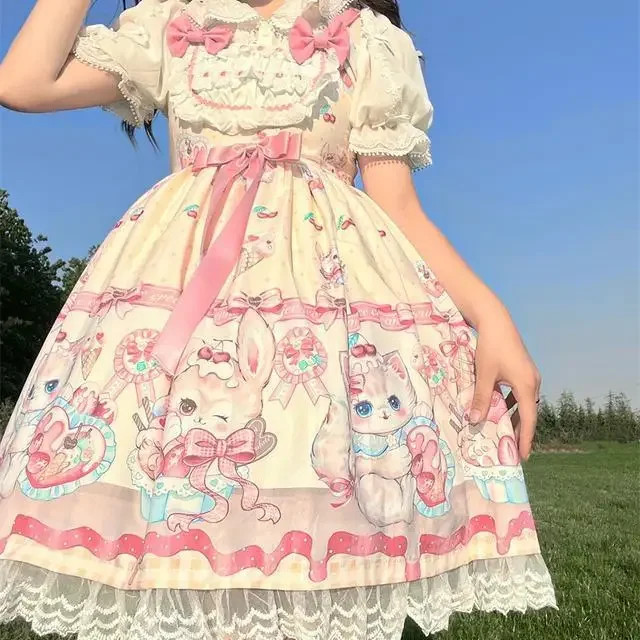 

Japanese Sweet Lolita OP Dress Summer Girls Cute Lace Bow Strawberry Bunny Tea Party Dresses Women Harajuku Kawaii Chic Vestidos