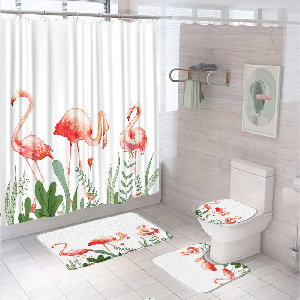 

Flamingo Shower Curtain Set with Hooks Tropical Palm Leaf Green Plant Watercolor Modern Wildlife Bird Animal Bathroom Set 4Pcs