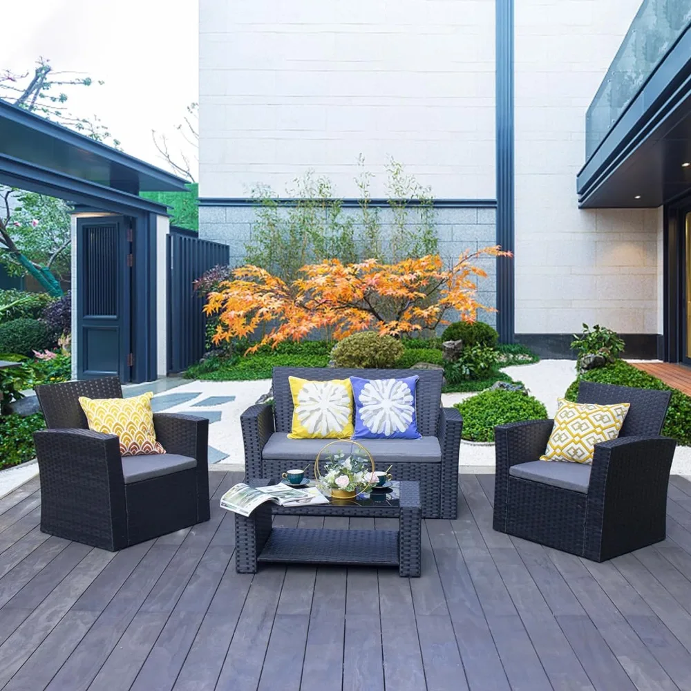 4 Pieces Outdoor Furniture Complete Patio Cushion Wicker P.E Rattan Garden Set, Full, Black
4 Pieces Outdoor Furniture Complete Patio Cushion Wicker P.E Rattan Garden Set, Full, Black