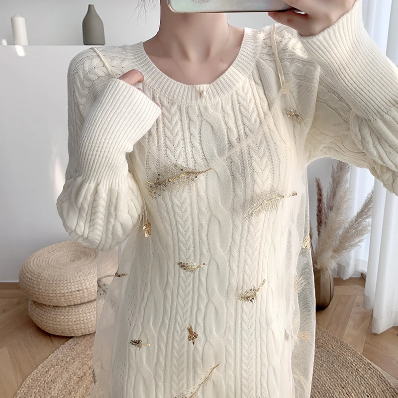 Women Knitted with Mesh Spaghetti Strap Dress Korean Chic Slim Knit Sweater Dress Female Long Sleeve Soft Vestidos Winter Autumn
Women Knitted with Mesh Spaghetti Strap Dress Korean Chic Slim Knit Sweater Dress Female Long Sleeve Soft Vestidos Winter Autumn