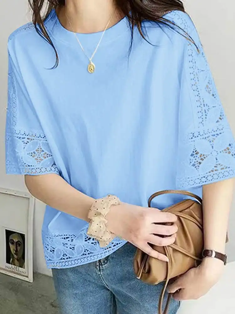 

VONDA Elegant Fashion Women Lace Blouse 2024 Summer Solid Color Shirts Flare Sleeve Casual Tunic Tops Loose Blusas Femininas