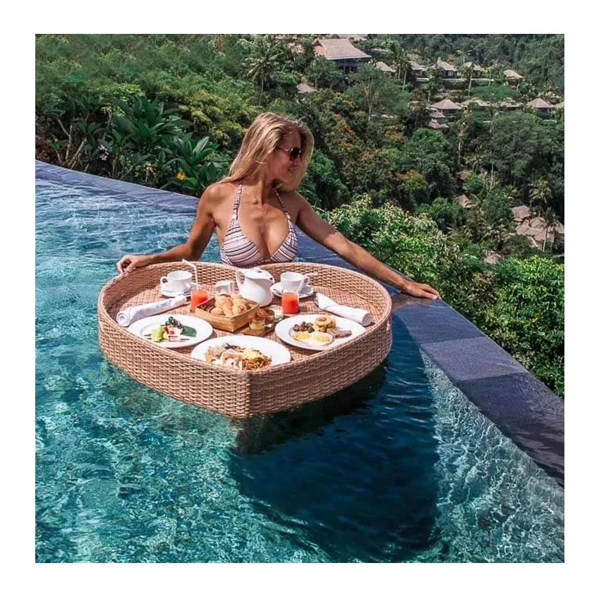 

Restaurant PE Rattan swimming Floating Pool Tray eco friendly floating breakfast Hotel Water Floating Breakfast Serving Tray