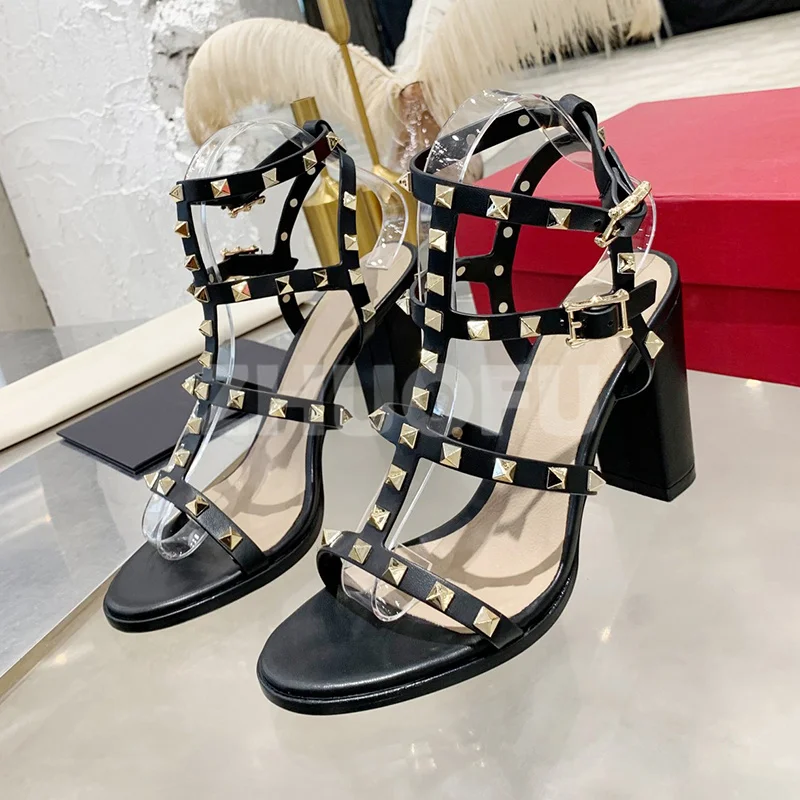 

Summer New Style Ladies Sandals Peep Toe Two Metal Ankle Buckle Rivet Decor Ladies Shoes Senior Luxury Lady High Heels Sandals