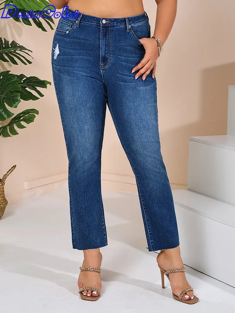 

Denimcolab 2024 Plus Size Women's High Waist Jeans Fashion Ripped Elastic Pencil Nine Pants Ladies Streetwear Hole Whisker Jeans
