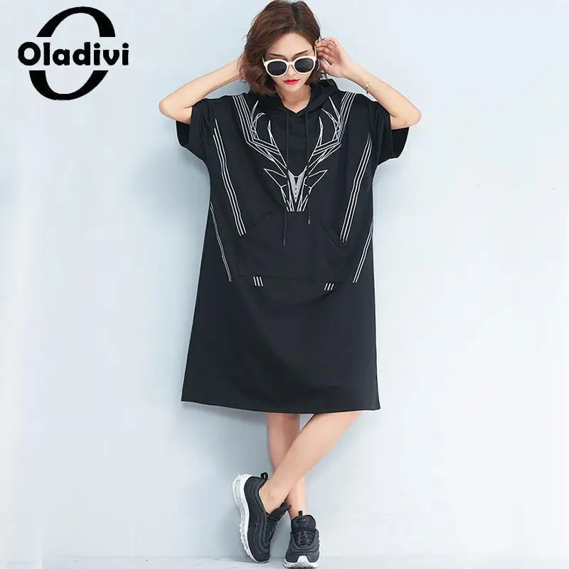 

Oladivi Large Size Women Fashion Print Cotton Dress Vintage Ladies Summer Casual Loose Midi Dresses Oversized Tunic STK 5609 4XL