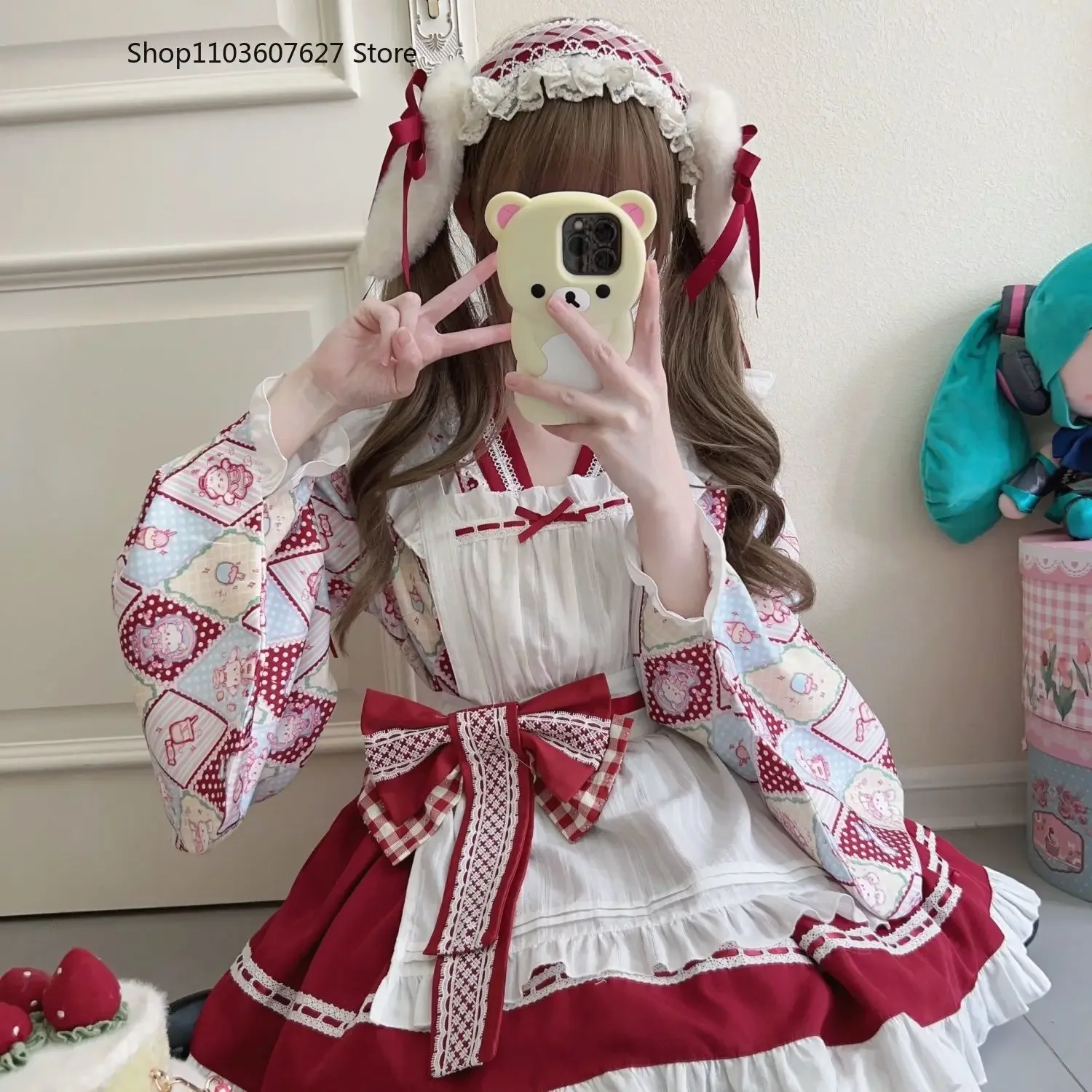 

Japanese Sweet Lolita Kimono Dress Women Kawaii Cartoon Print Bow Apron Maid Cosplay Costumes Girls Vintage Animation Show Dress