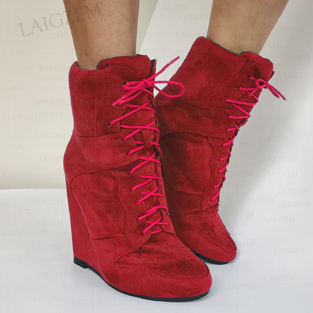 

LAIGZEM Women Ankle Boots Wedges Round Toe Lace Up Faux Suede Short Booties Handmade Ladies Shoes Woman Big Size 38 41 44 48 52