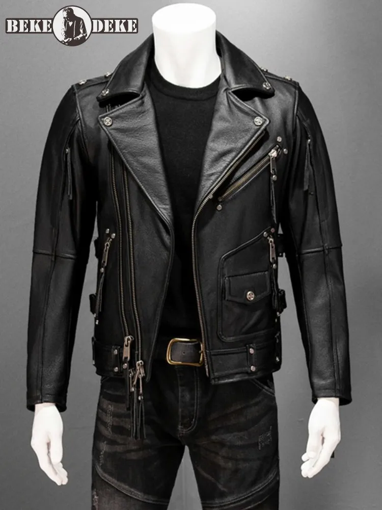 

Мужская короткая мотоциклетная куртка из натуральной кожи, черная тонкая облегающая куртка из воловьей кожи в стиле панк, с отложным воротником, на молнии, размеры 5XL 6XL, уличная одежда