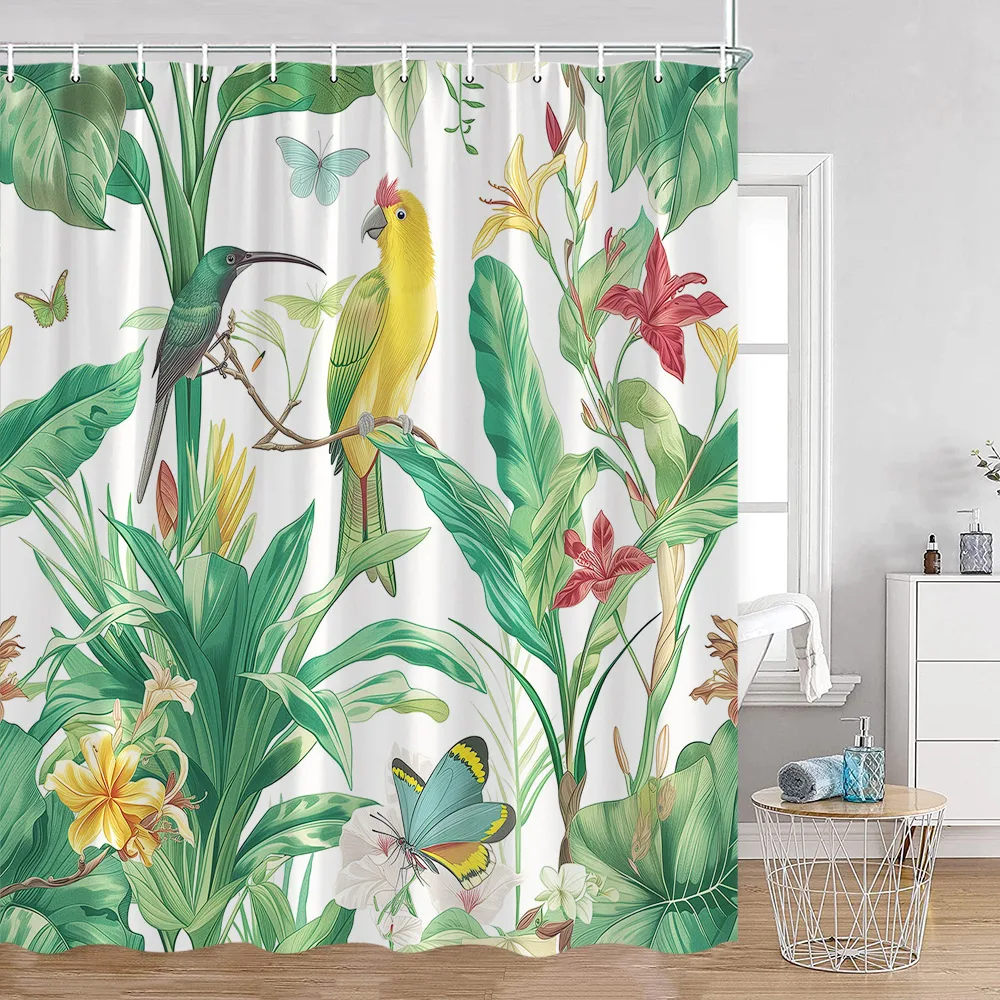 

Tropical Plant Leaves Shower Curtain Parrot Birds Butterfly Watercolour Palm Leaf Floral Bathroom Curtains Home Decor with Hooks
