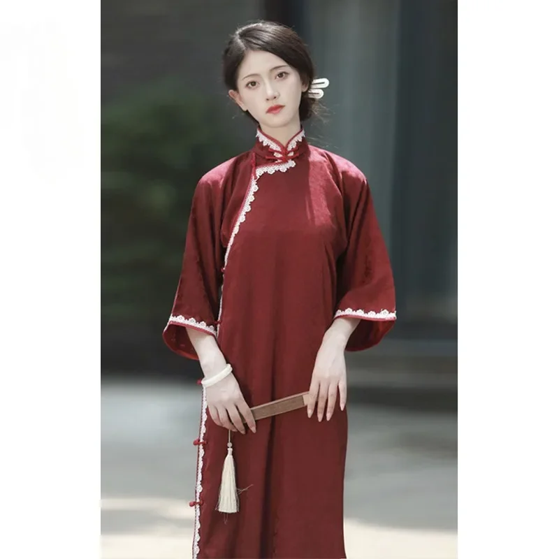 

Chinese Traditional Qing Dynasty Cheongsam Dress Women Short Sleeve Red Floral Jacquard Lace Modern Qipao Evening Dresses