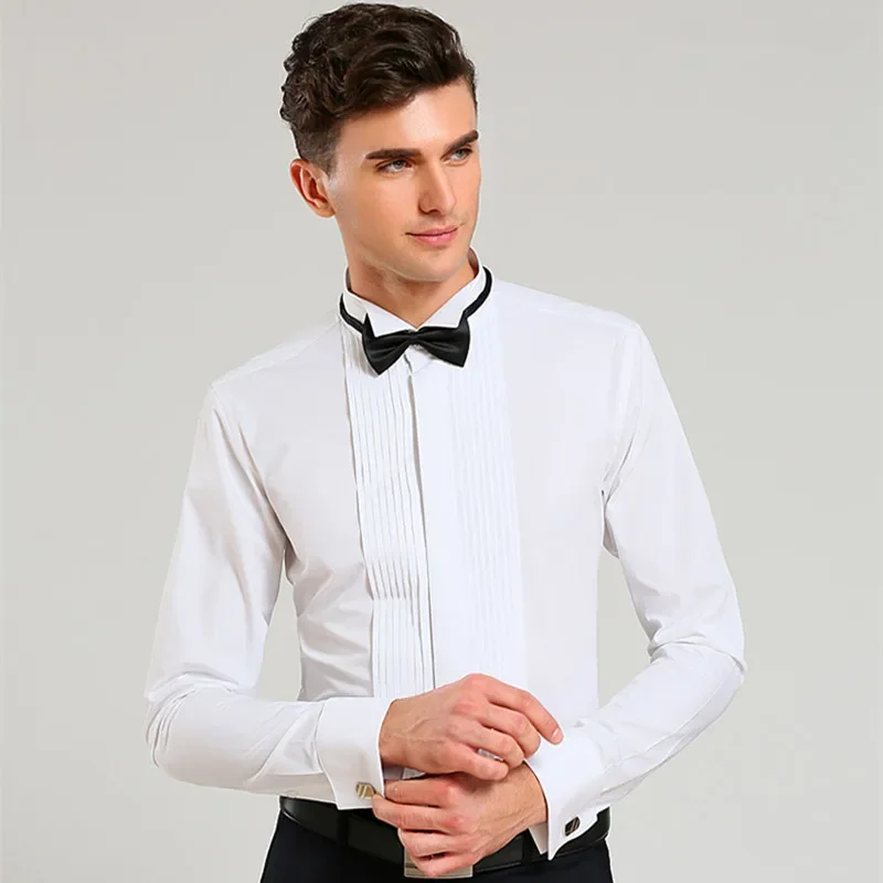 

Новейшие рубашки для смокинга с французскими манжетами, облегающая Мужская классическая рубашка с длинным рукавом для свадебной вечеринки жениха с галстуком бесплатно