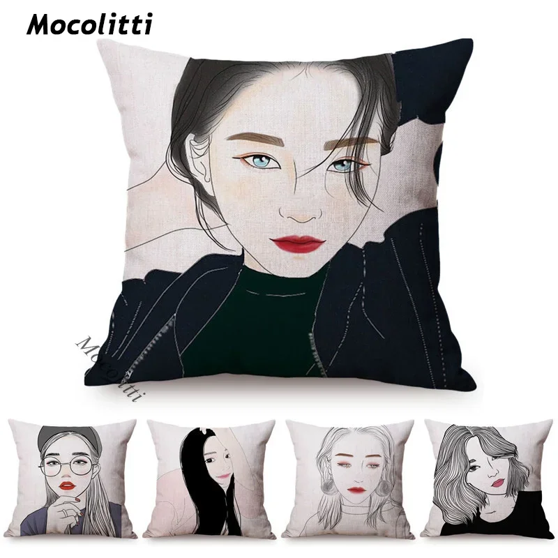 

Pencil Sketch Beautiful Woman Portrait Square Cushions Cover Modern Fashion Girl Image Decoration Home Sofa Throw Pillow Cover