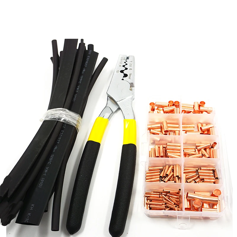 

210PCS GT Copper connecting pipe wire joint small copper tube Terminal Cable Lug diameter 1.5-8mm with heat shrink tube plier