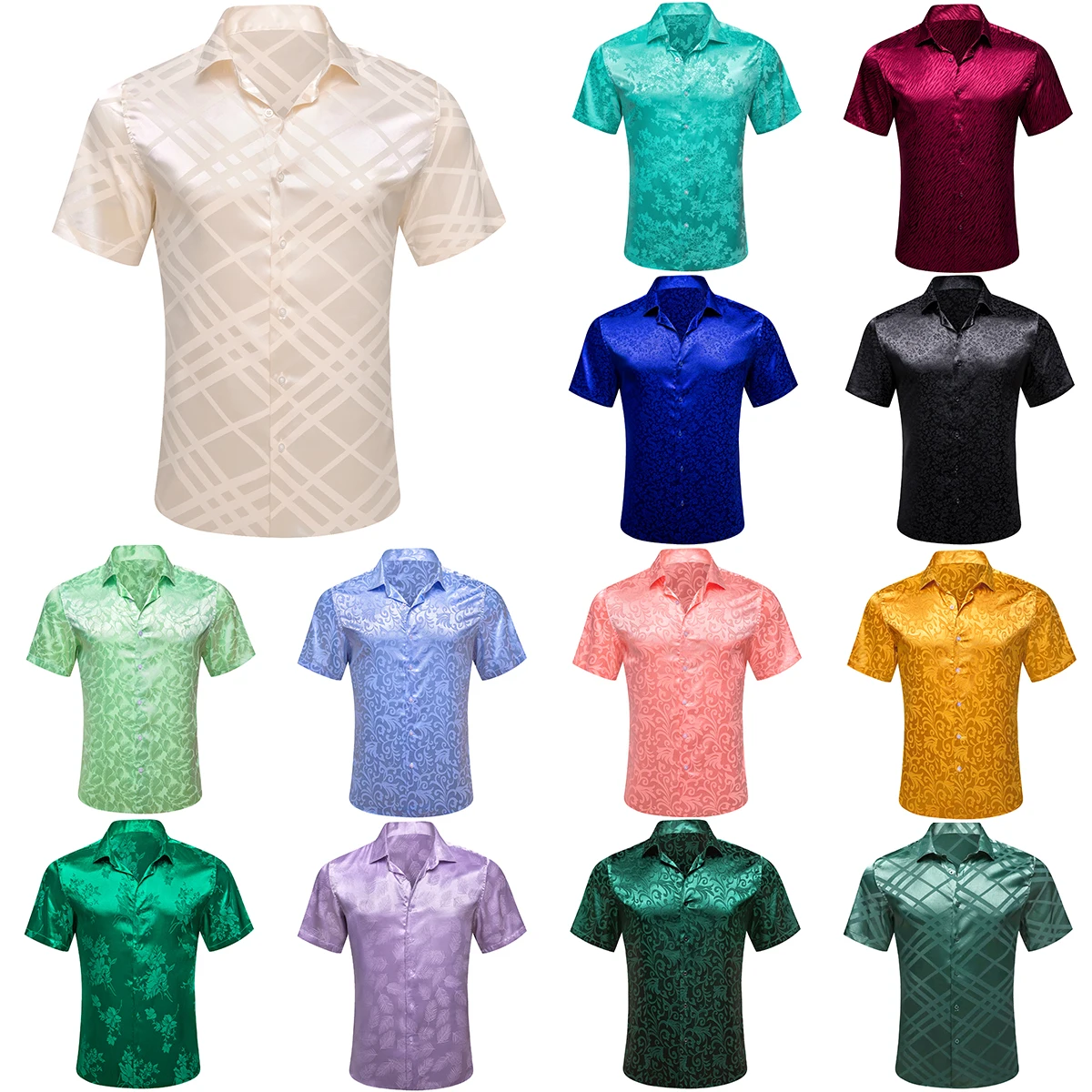 Shirts for Men Short Sleeve Silk Beige Green Blue Black Red Pink Gold Yellow Flower Slim Fit Causal Lapel Male Blouse Barry Wang
Shirts for Men Short Sleeve Silk Beige Green Blue Black Red Pink Gold Yellow Flower Slim Fit Causal Lapel Male Blouse Barry Wang