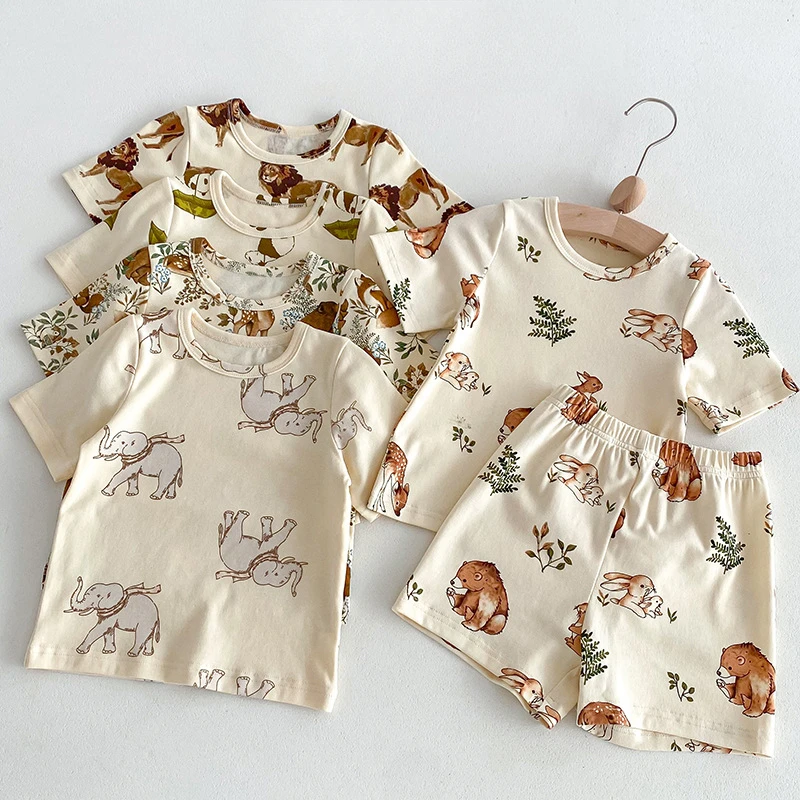 

0-5Y Kids Pajama Set Cotton Cartoon Animal Print Girls Home Wear Boys Pure Cotton Sleep Wear Children Sleeping Suit