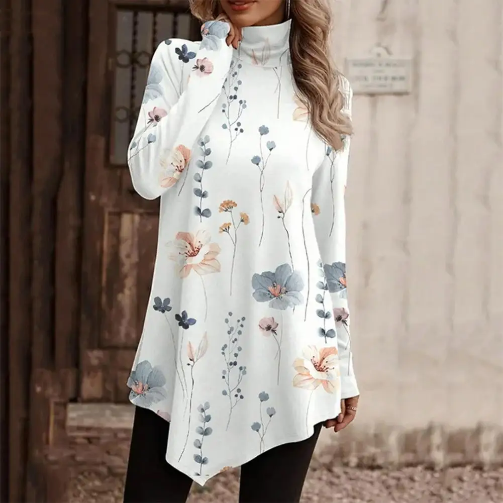 

Женский топ с высоким воротником, элегантная винтажная женская блузка в этническом стиле с асимметричным подолом и высоким воротником, длинная Осенняя блузка с цветочным принтом