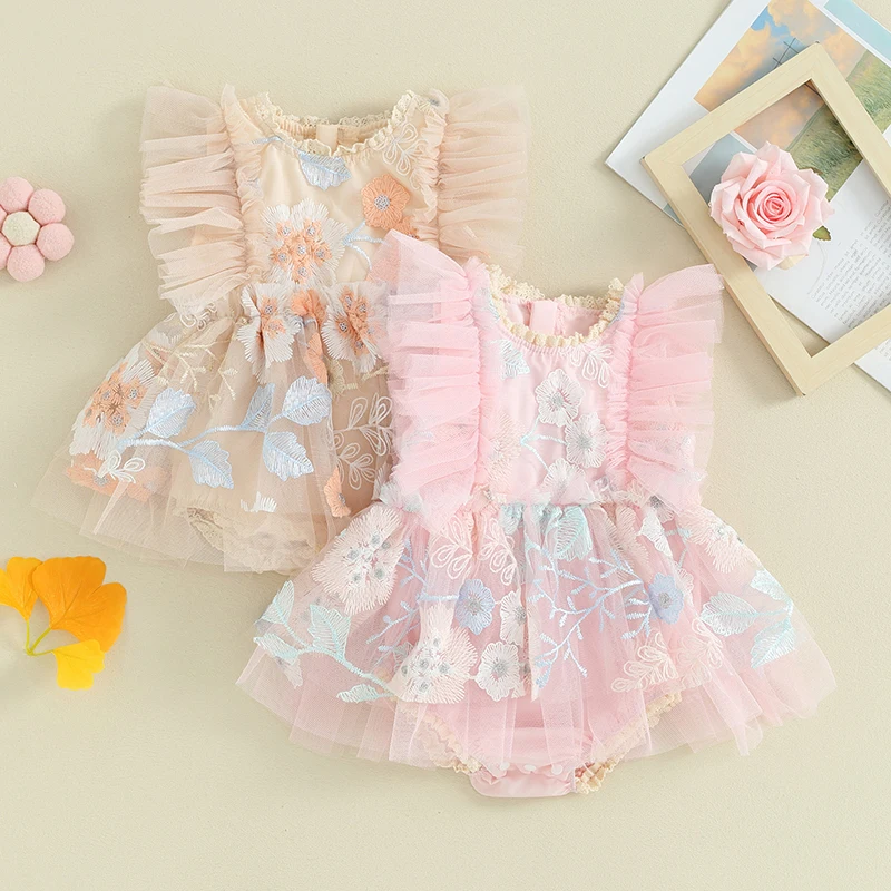 

0-24M Baby Girls Princess Romper Dress Cute Fly Sleeve Embroidery Flower Mesh Tulle Bodysuit Summer Newborn Infant Clothes