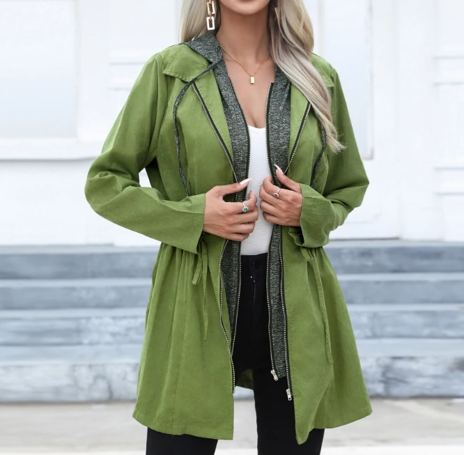 

Women's Casual Trench Coat In Spring 2024 Waistband and Double Zipper Contrasting Color Medium Length Long Sleeved Hooded Jacket