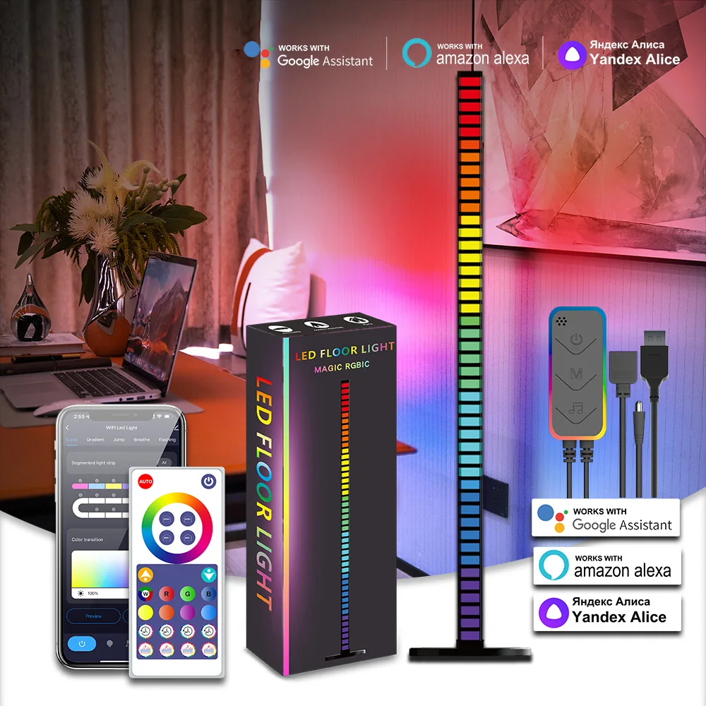 

1.2M Floor Light RGB Music Sync LED Light Bar Remote/APP Control Pickup Voice Activated Rhythm Lights Wall Corner Ambient Lamp