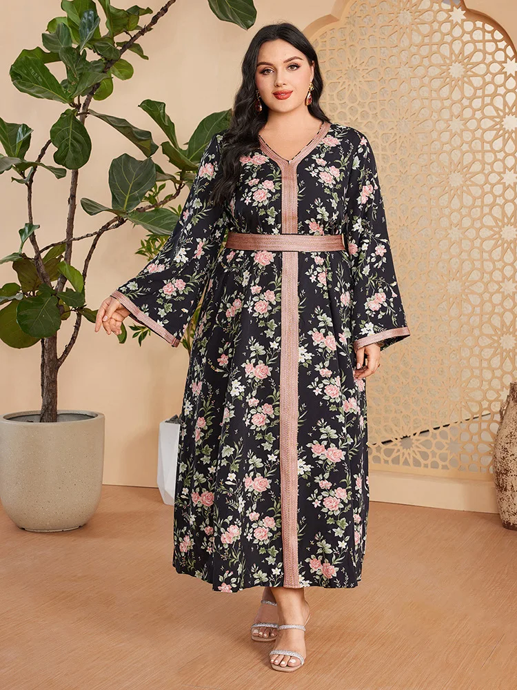 

Elegant Women's Dresses For Party 2024 Elegant Floral Printed V-Neck Tape Trim Belted Kaftan Muslim Abaya Dress Dubai Ramadan