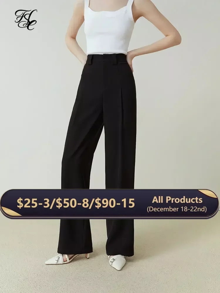 

FSLE Casual Black Loose Straight-leg Trousers for Women Spring Autumn High-waisted Commuter Pants Drape Mopping Suit Pant Female