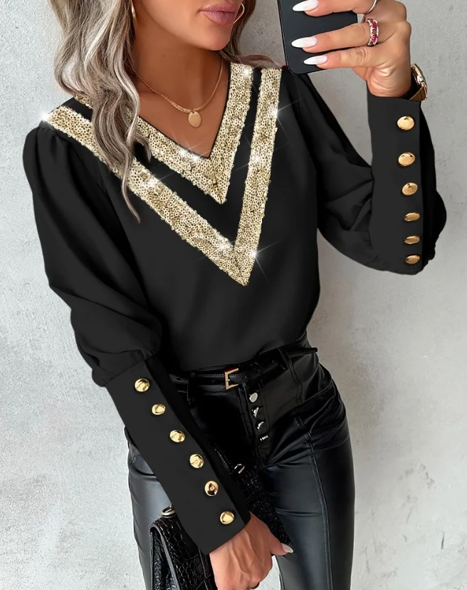 

Fashion Woman Blouse Spring Contrast Sequin Buttoned Design Contrast Paneled V-Neck Casual Long Sleeve Daily Simple Top