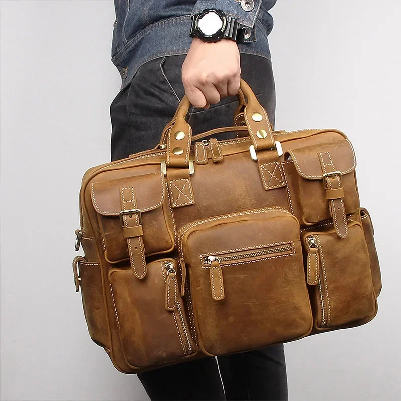 

Vintage Real Leather Briefcases Men Genuine Bag For Layer Handbag 15 Inches Notebook PC Business Brown