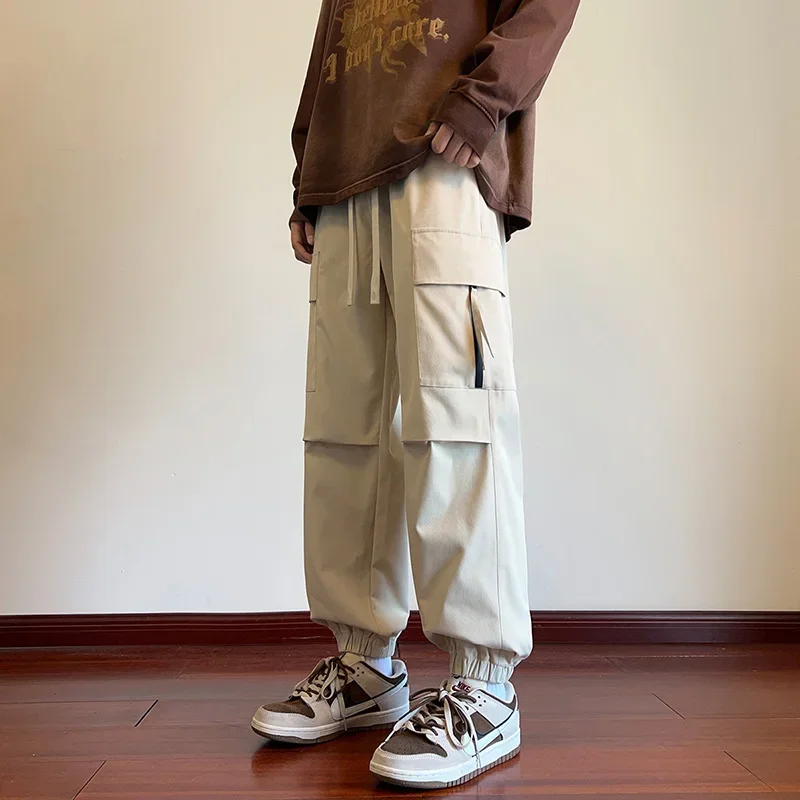 

New Fashion Men's Trousers Youthful Vitality Safari Style Pockets Drawstring Solid Color Loose Casual Straight Wide Leg Pants