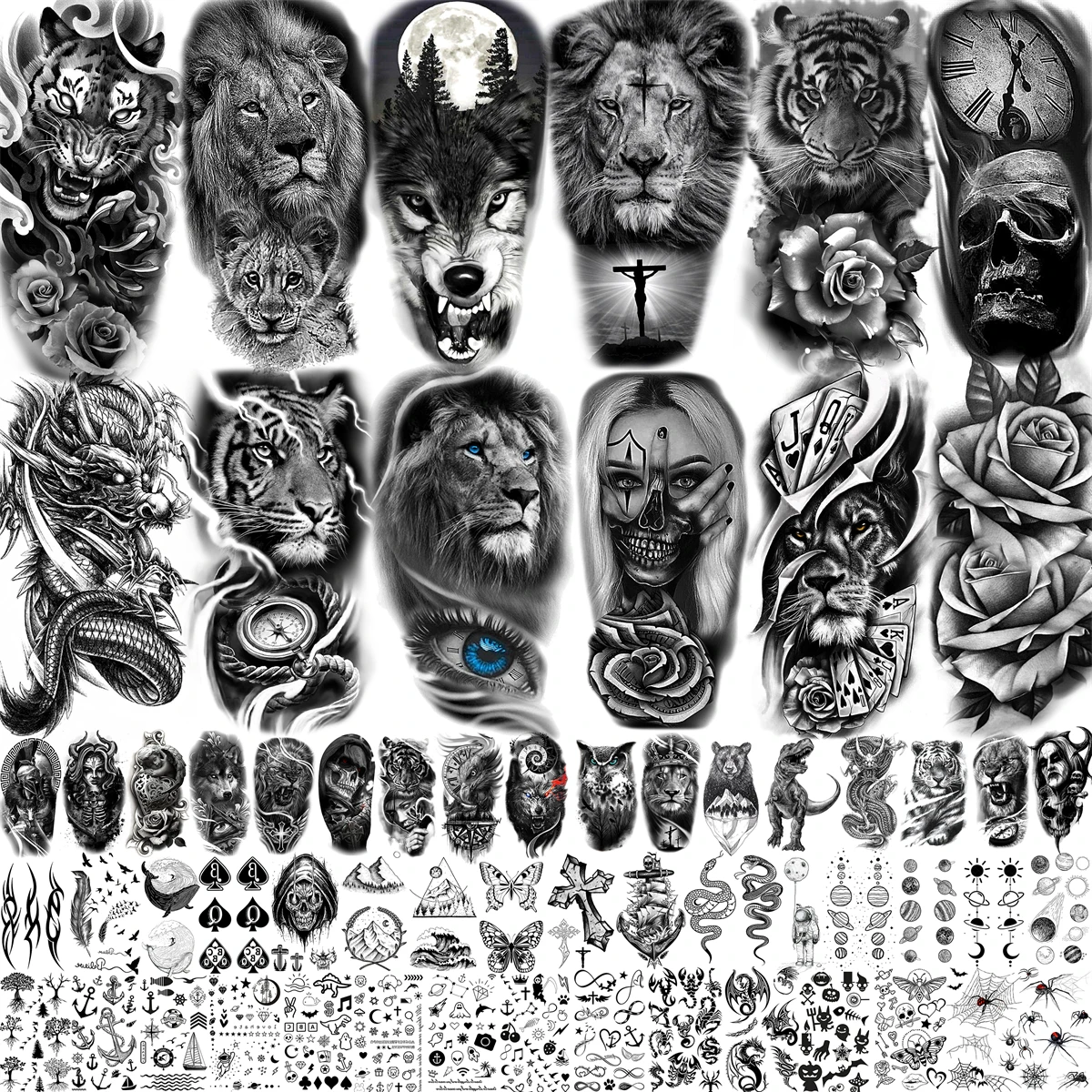 

61 Sheets Realistic Skull Animals Temporary Tattoos For Adults Arm Tattoos Fake Compass Rose Flower Lion Wlof Tatoos Black Tiger