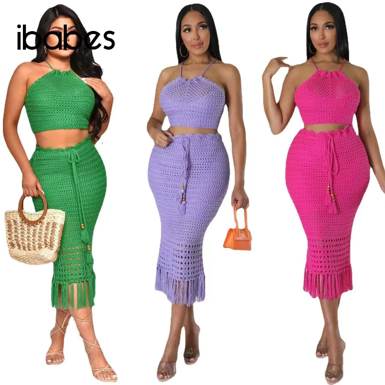 Hand Crochet Knitted 2 Piece Skirts Sets Women Sexy Drawstring Lace Up Halter Vest Crop Tops Tassel Midi Skirt Beach Dress Suit 
Hand Crochet Knitted 2 Piece Skirts Sets Women Sexy Drawstring Lace Up Halter Vest Crop Tops Tassel Midi Skirt Beach Dress Suit