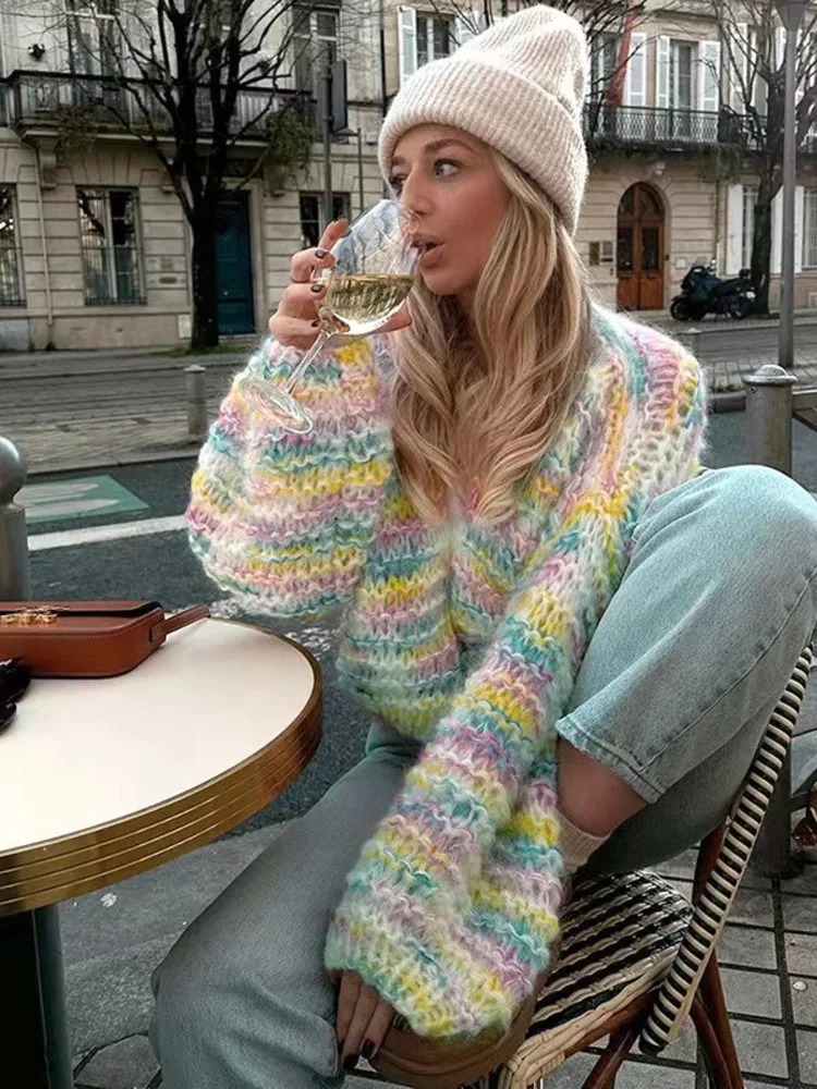 

Rainbow Stripe Printed Knitted Cardigan Sweater Women Cropped Crochet Lantern Sleeve Sweater Lady Streetwear Cardigans 2023