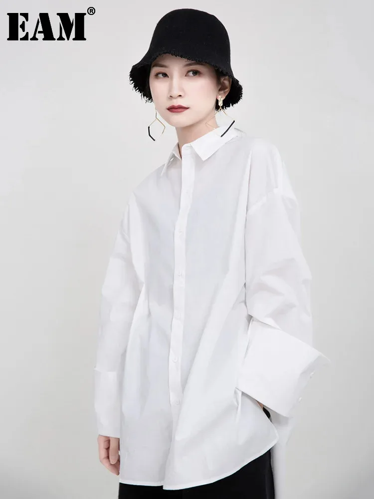 

[EAM] Women White Vintage Big Size Casual Blouse New Lapel Long Sleeve Loose Fit Shirt Fashion Tide Spring Autumn 2024 1DF4853