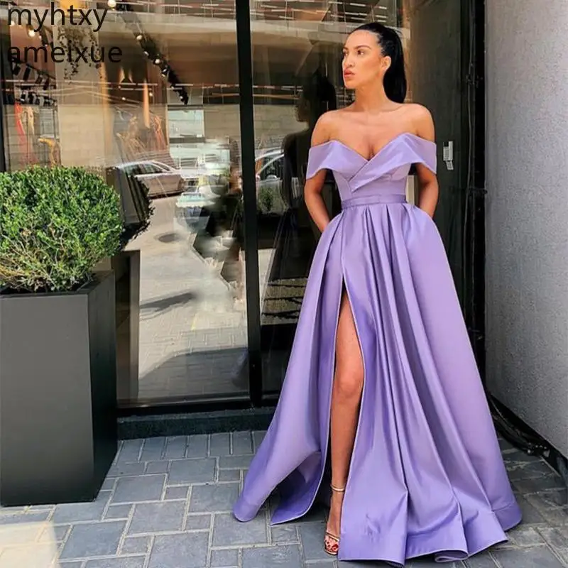 Custom Shoulder 2023 Prom Dresses High Split Simple Satin Full Length Purple Evening Gowns Robe De Bal Formal Plus Size
Custom Shoulder 2023 Prom Dresses High Split Simple Satin Full Length Purple Evening Gowns Robe De Bal Formal Plus Size