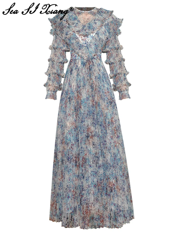 Seasixiang Fashion Designer Spring Mesh Maxi Dress Women O-Neck Ruffles Lantern Sleeve Flowers Print Bohemian Long Pleated Dress
Seasixiang Fashion Designer Spring Mesh Maxi Dress Women O-Neck Ruffles Lantern Sleeve Flowers Print Bohemian Long Pleated Dress