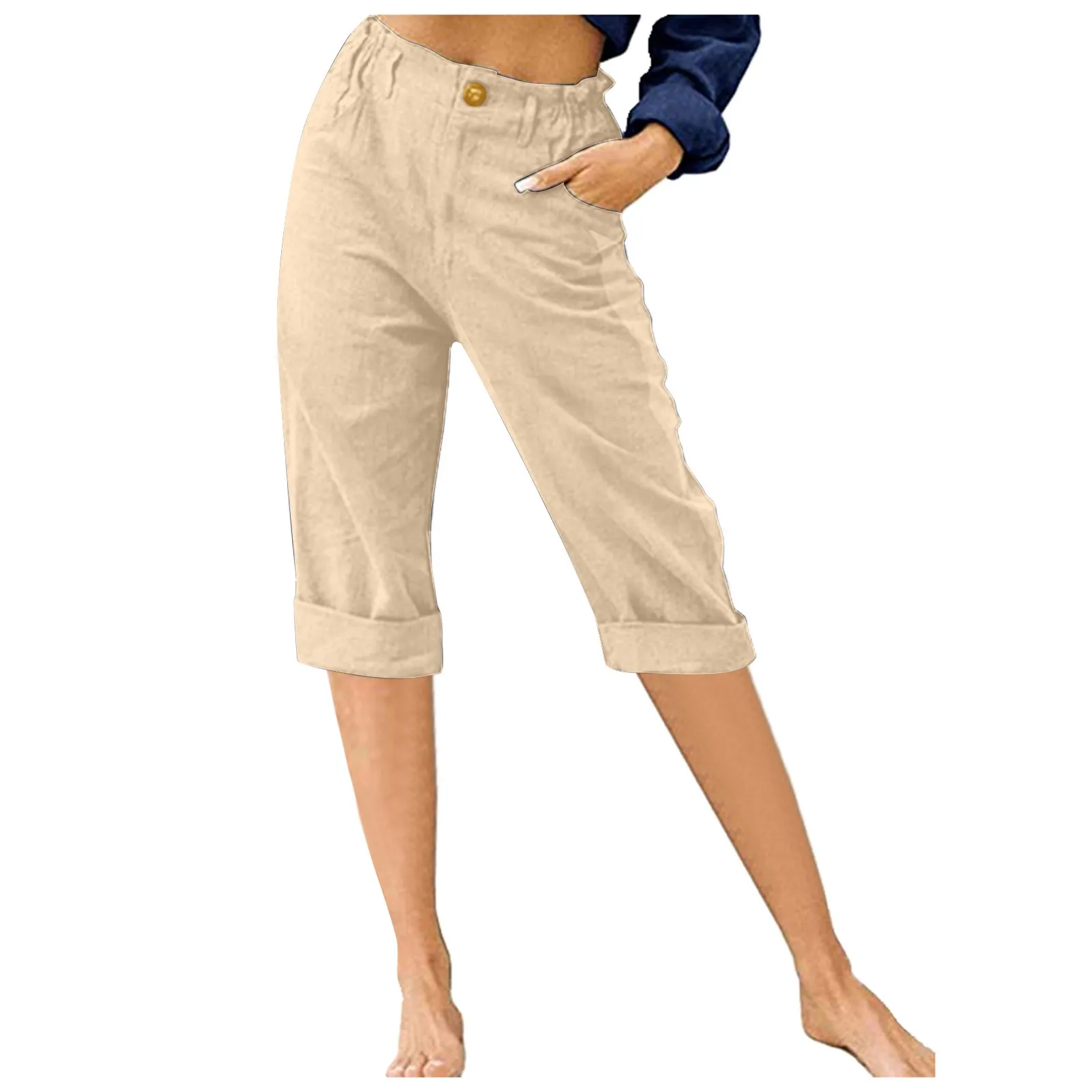 

Cotton Linen Calf Pants Summer High Waist Button Pocket Harem Pants Women Loose Trousers Casual Khaki Basic Trousers 2024 New