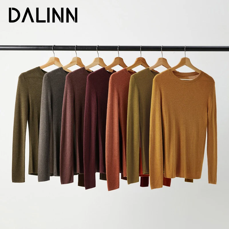 

Woman Round Collar Slim Pullovers, 30.7%Sheep Wool Blend, Ribs Solid Chic Sweaters, 2023 Fall Winter Basic Top DALINN